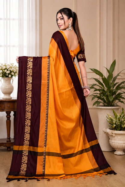 Turmeric Yellow & Coffee Hathi Design (Elephant) Cotton Silk Saree