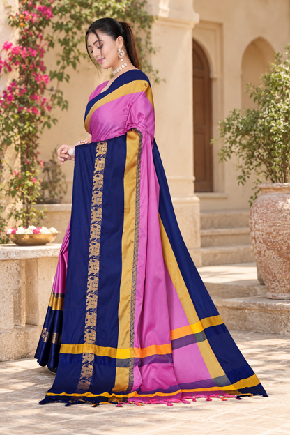 Pink & Navy Blue Hathi Design (Elephant) Cotton Silk Saree