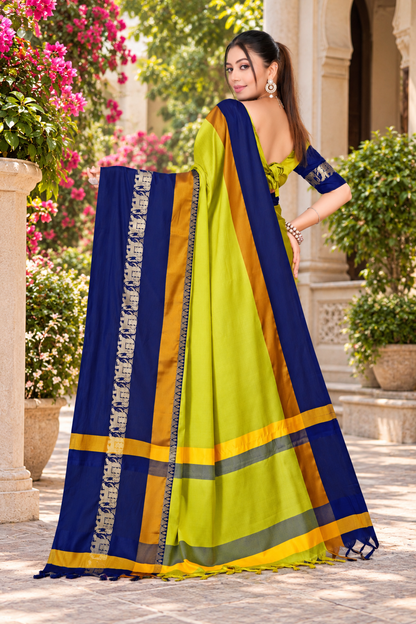 Lemon Yellow & Navy Blue Hathi Design (Elephant) Cotton Silk Saree
