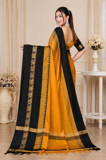 Gold & Black Hathi Design (Elephant) Cotton Silk Saree