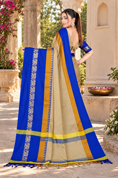 Beige & Royal Blue Hathi Design (Elephant) Cotton Silk Saree