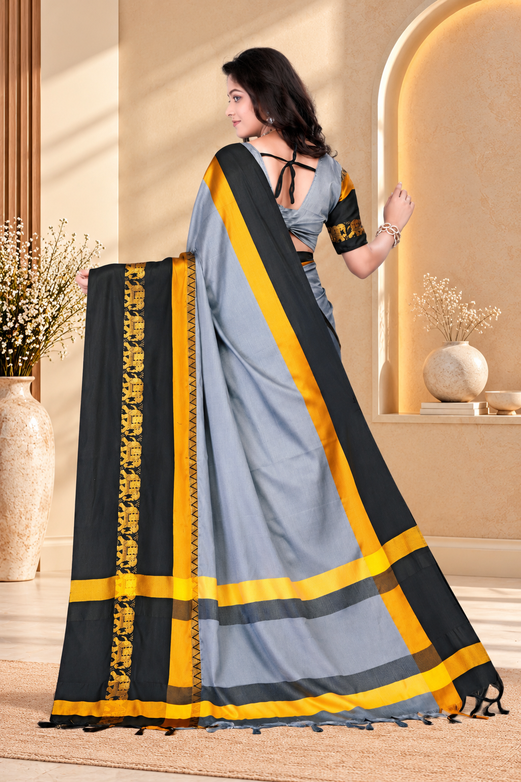 Steel Grey & Black Hathi Design (Elephant) Cotton Silk Saree