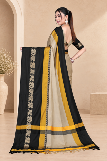 Beige & Black Hathi Design (Elephant) Cotton Silk Saree