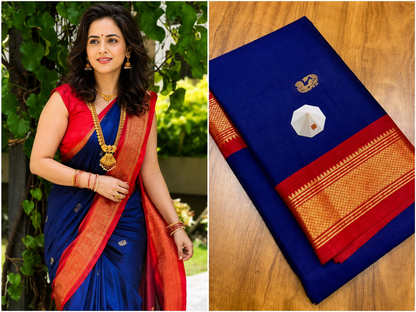 Navy Blue & Red Paithani Cotton Silk Saree