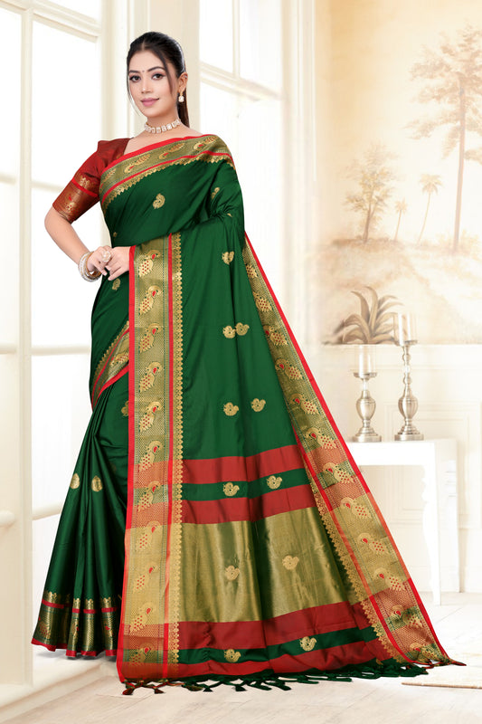 Bottle Green & Red Peacock Design Cotton Silk Saree with Running Blouse Piece – Premium Ethnic Wear | Moonixa