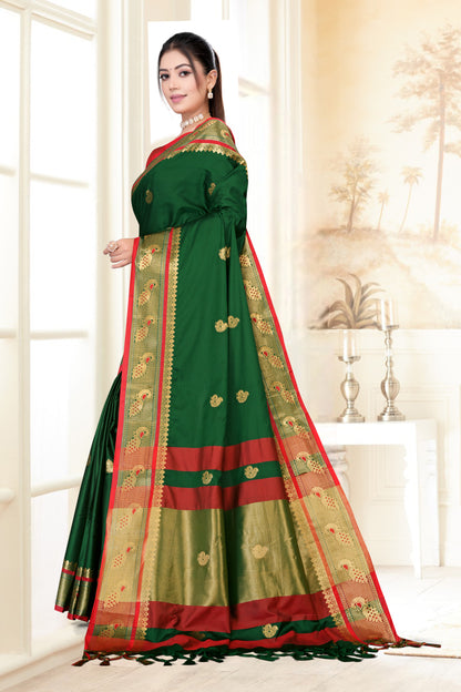 Bottle Green & Red Peacock Design Cotton Silk Saree with Running Blouse Piece – Premium Ethnic Wear | Moonixa