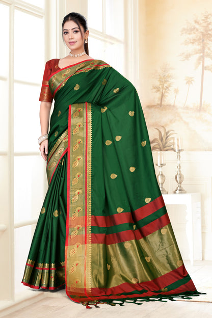 Bottle Green & Red Peacock Design Cotton Silk Saree with Running Blouse Piece – Premium Ethnic Wear | Moonixa