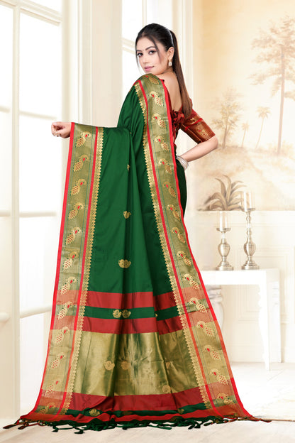 Bottle Green & Red Peacock Design Cotton Silk Saree with Running Blouse Piece – Premium Ethnic Wear | Moonixa