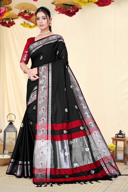 Black Self With Silver Zari Peacock Design Cotton Silk Saree with Running Blouse Piece – Premium Ethnic Wear | Moonixa