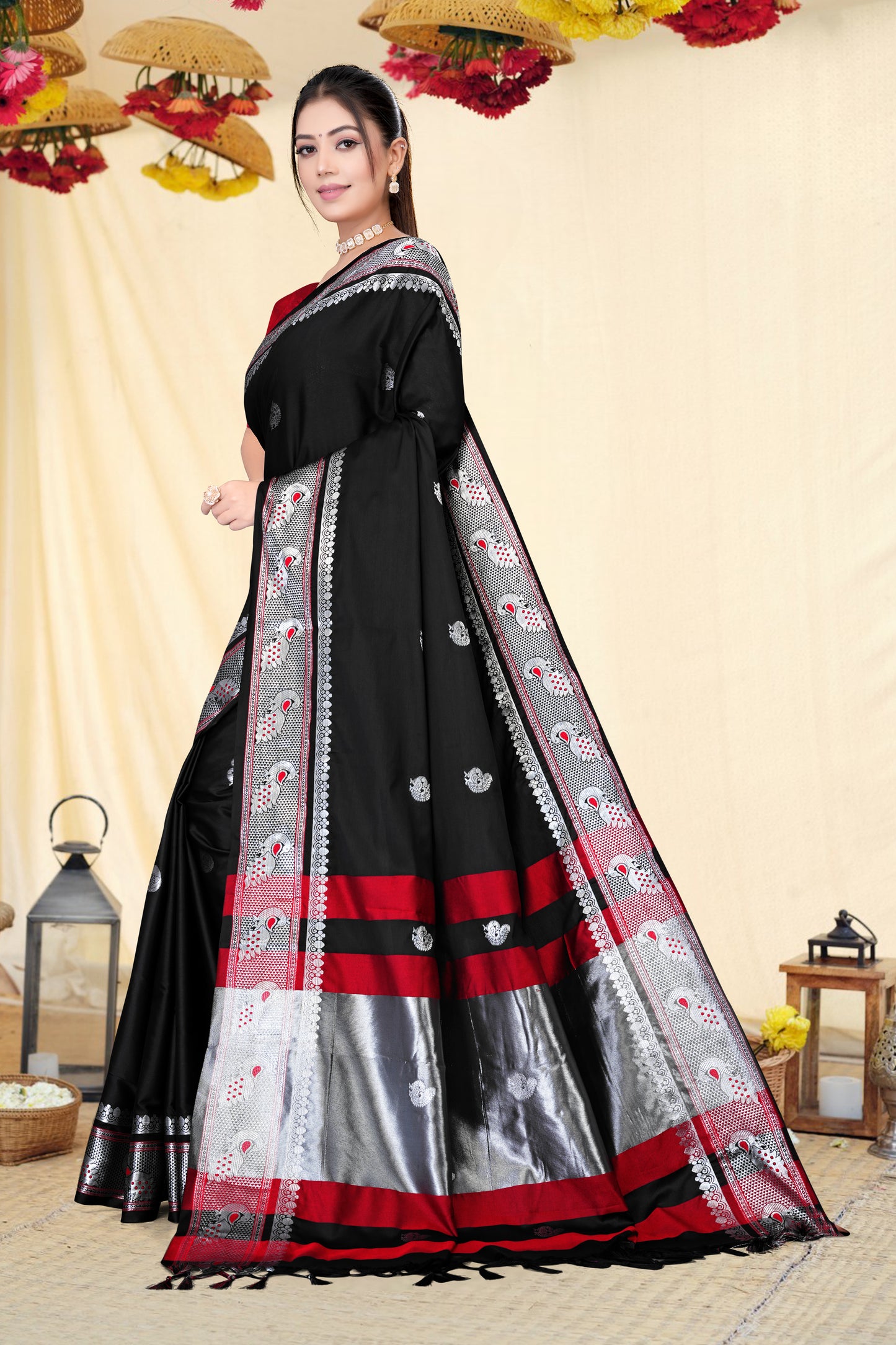 Black Self With Silver Zari Peacock Design Cotton Silk Saree with Running Blouse Piece – Premium Ethnic Wear | Moonixa