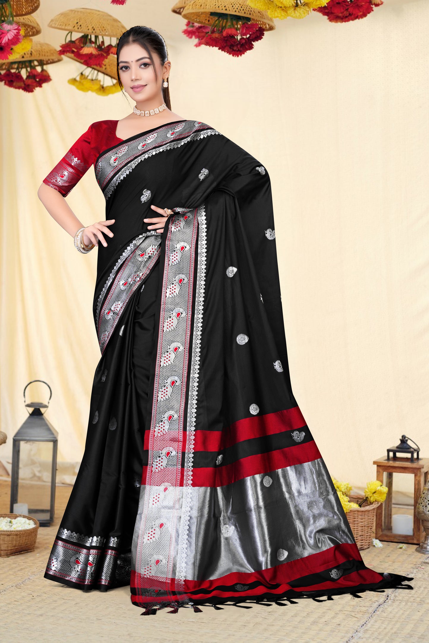 Black Self With Silver Zari Peacock Design Cotton Silk Saree with Running Blouse Piece – Premium Ethnic Wear | Moonixa