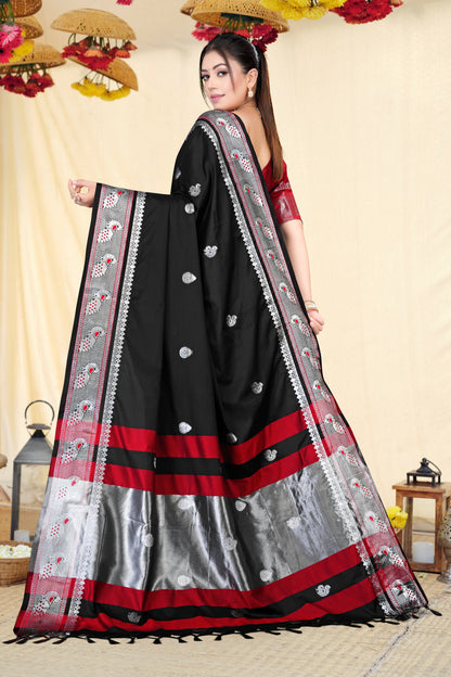 Black Self With Silver Zari Peacock Design Cotton Silk Saree with Running Blouse Piece – Premium Ethnic Wear | Moonixa