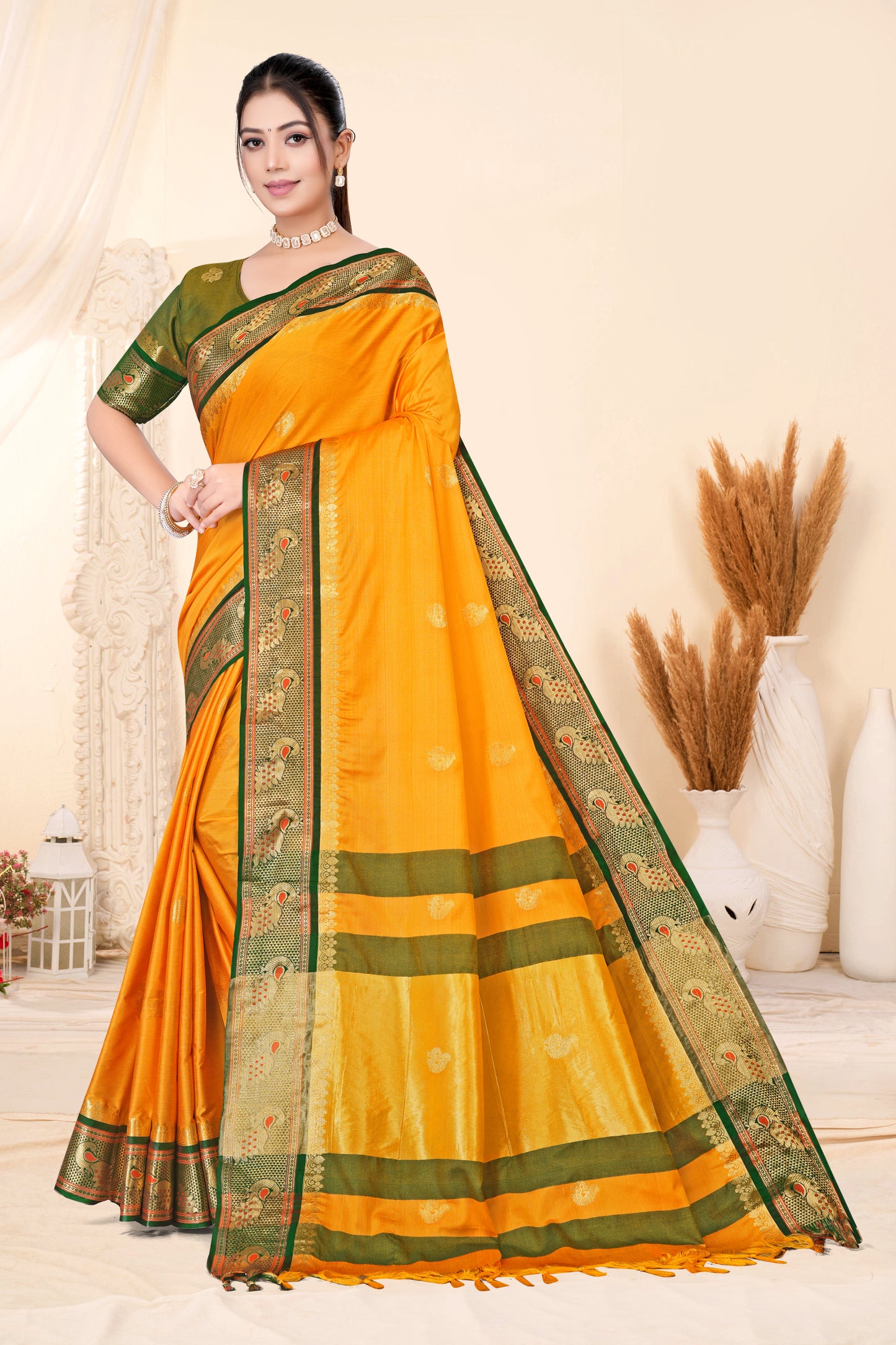 Gold & Green Peacock Design Cotton Silk Saree with Running Blouse Piece – Premium Ethnic Wear | Moonixa