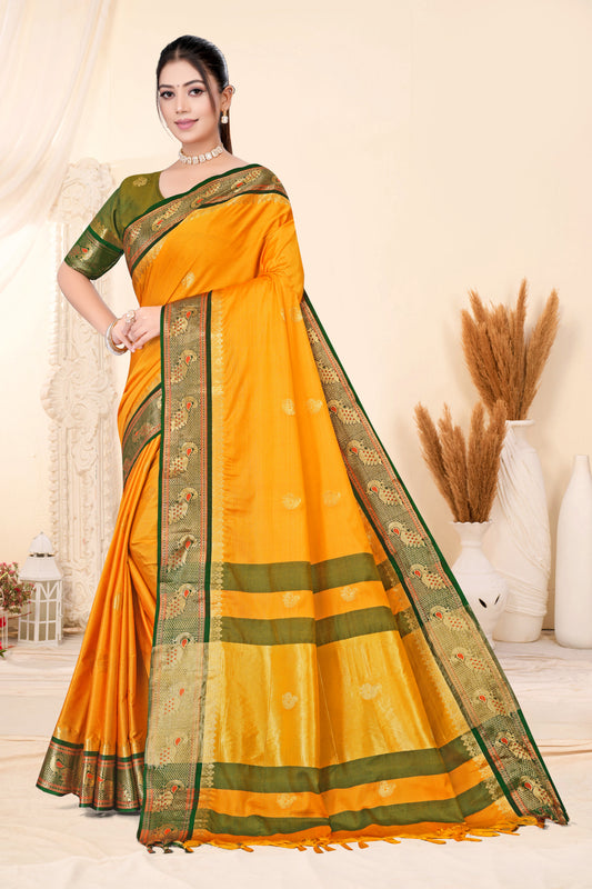 Gold & Green Peacock Design Cotton Silk Saree with Running Blouse Piece – Premium Ethnic Wear | Moonixa