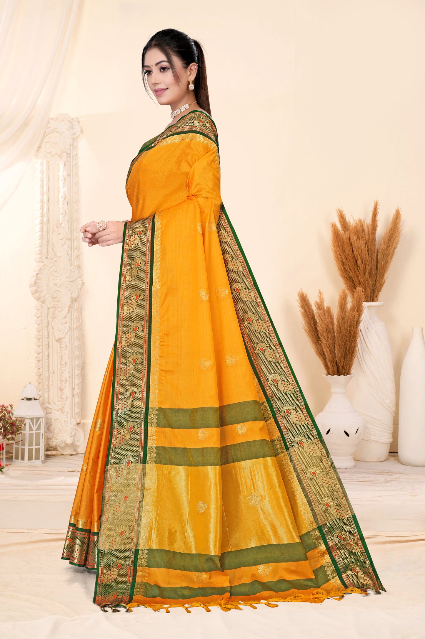 Gold & Green Peacock Design Cotton Silk Saree with Running Blouse Piece – Premium Ethnic Wear | Moonixa