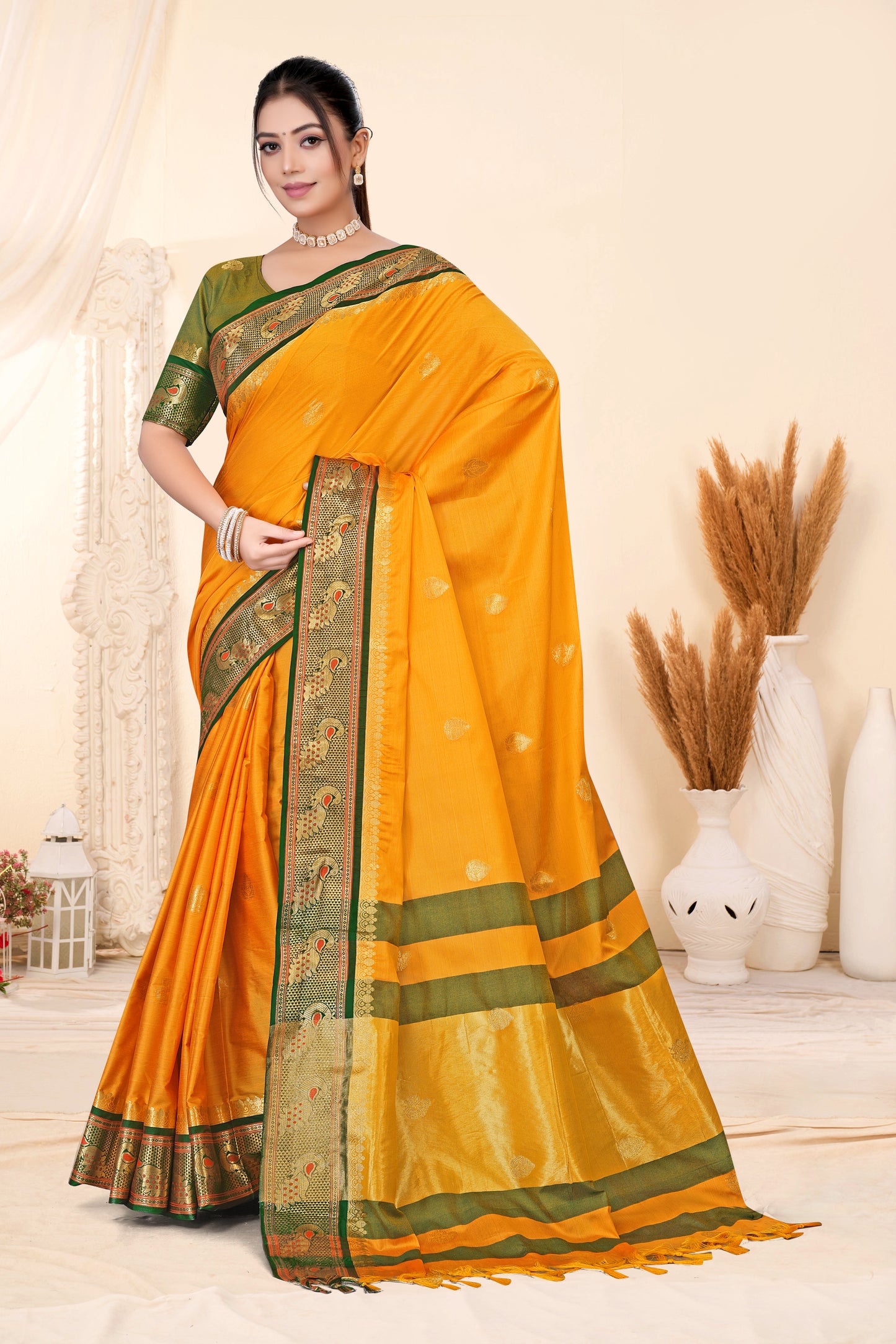 Gold & Green Peacock Design Cotton Silk Saree with Running Blouse Piece – Premium Ethnic Wear | Moonixa