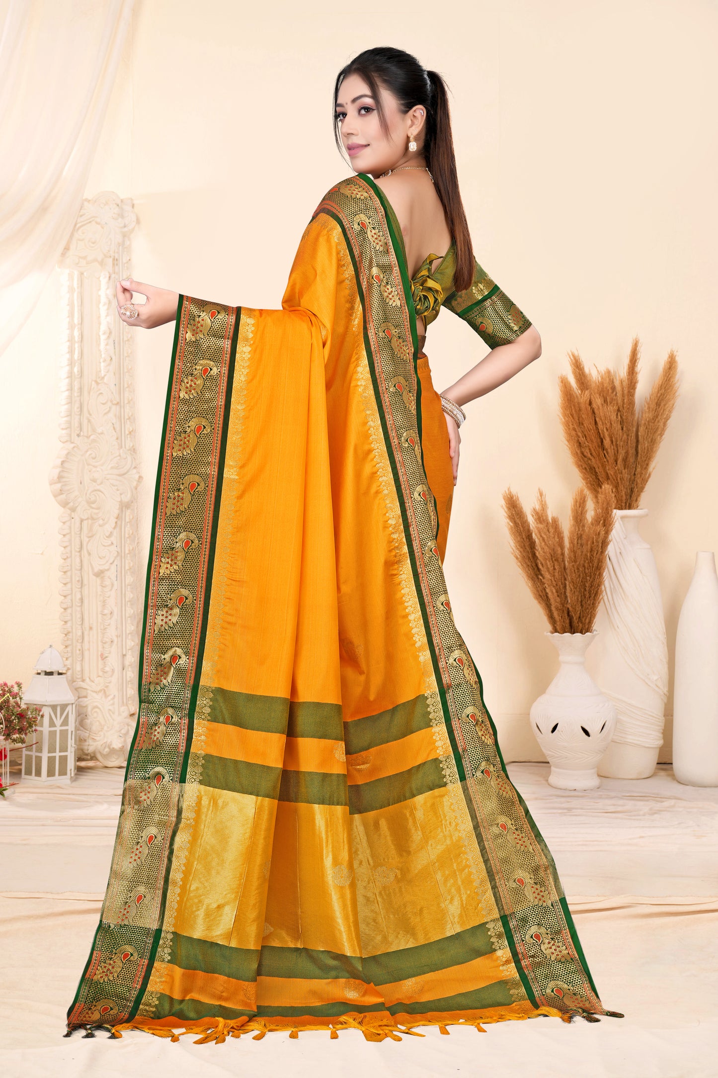Gold & Green Peacock Design Cotton Silk Saree with Running Blouse Piece – Premium Ethnic Wear | Moonixa