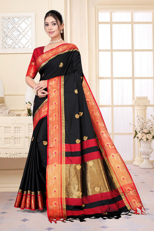 Black & Red Peacock Design Cotton Silk Saree with Running Blouse Piece – Premium Ethnic Wear | Moonixa