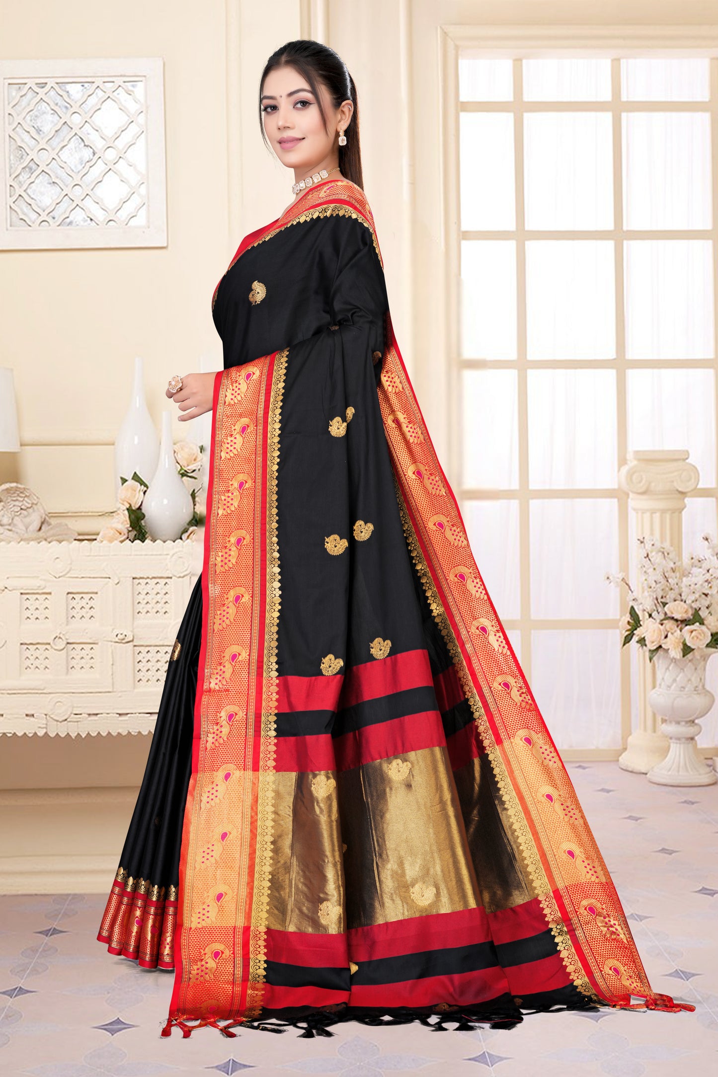 Black & Red Peacock Design Cotton Silk Saree with Running Blouse Piece – Premium Ethnic Wear | Moonixa