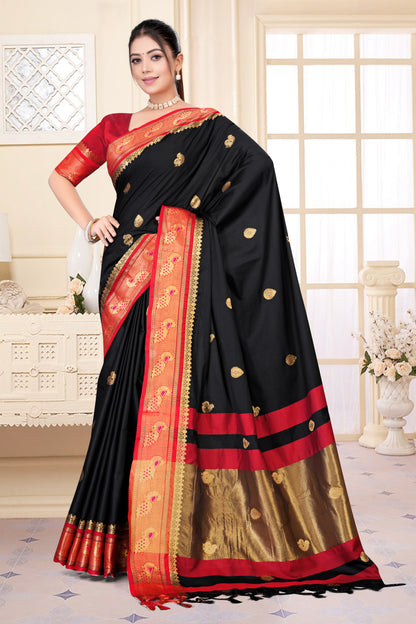 Black & Red Peacock Design Cotton Silk Saree with Running Blouse Piece – Premium Ethnic Wear | Moonixa