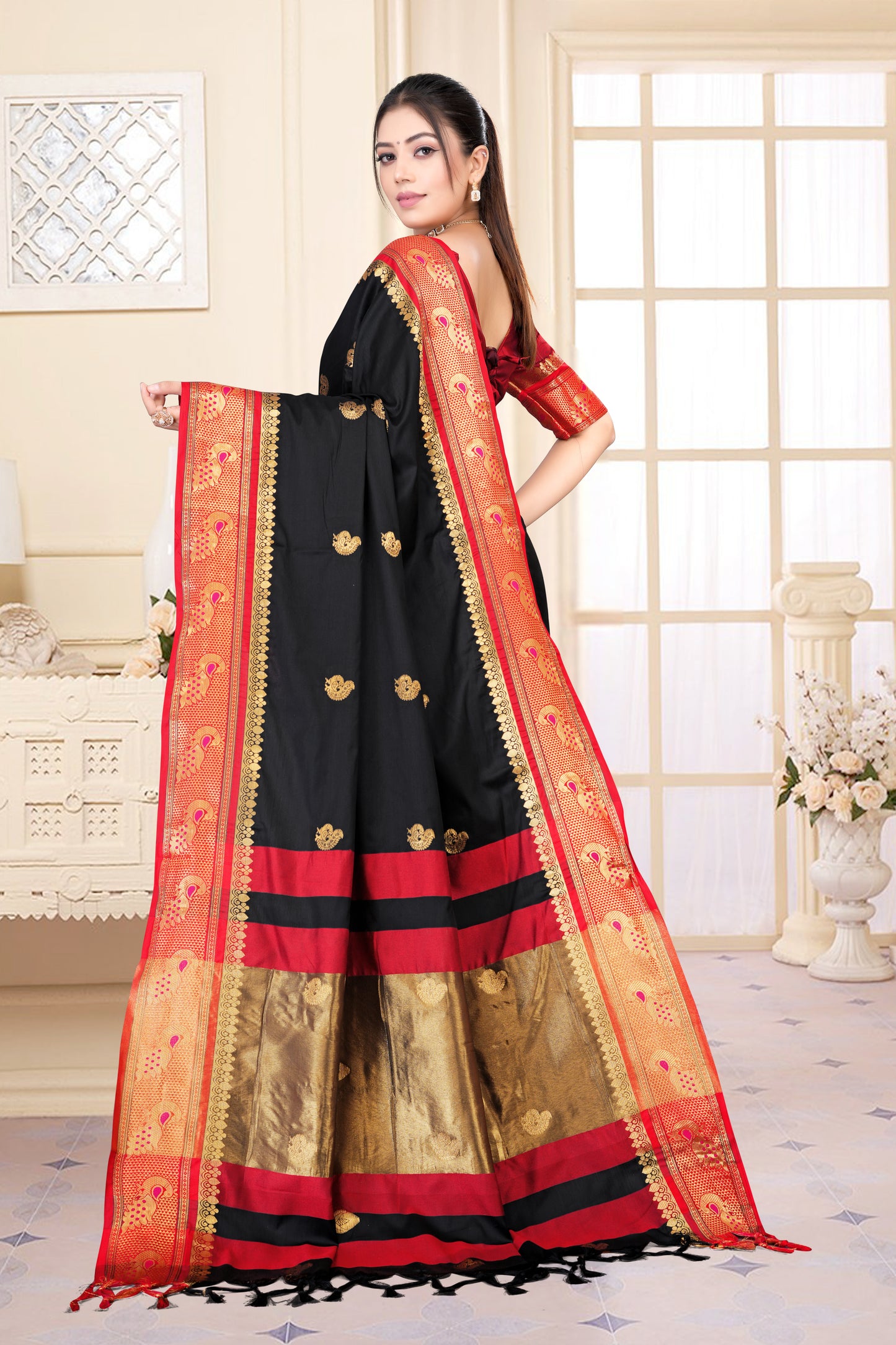 Black & Red Peacock Design Cotton Silk Saree with Running Blouse Piece – Premium Ethnic Wear | Moonixa
