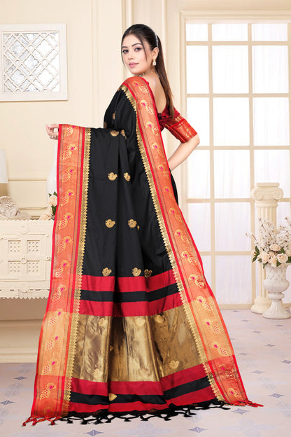 Black & Red Peacock Design Cotton Silk Saree with Running Blouse Piece – Premium Ethnic Wear | Moonixa