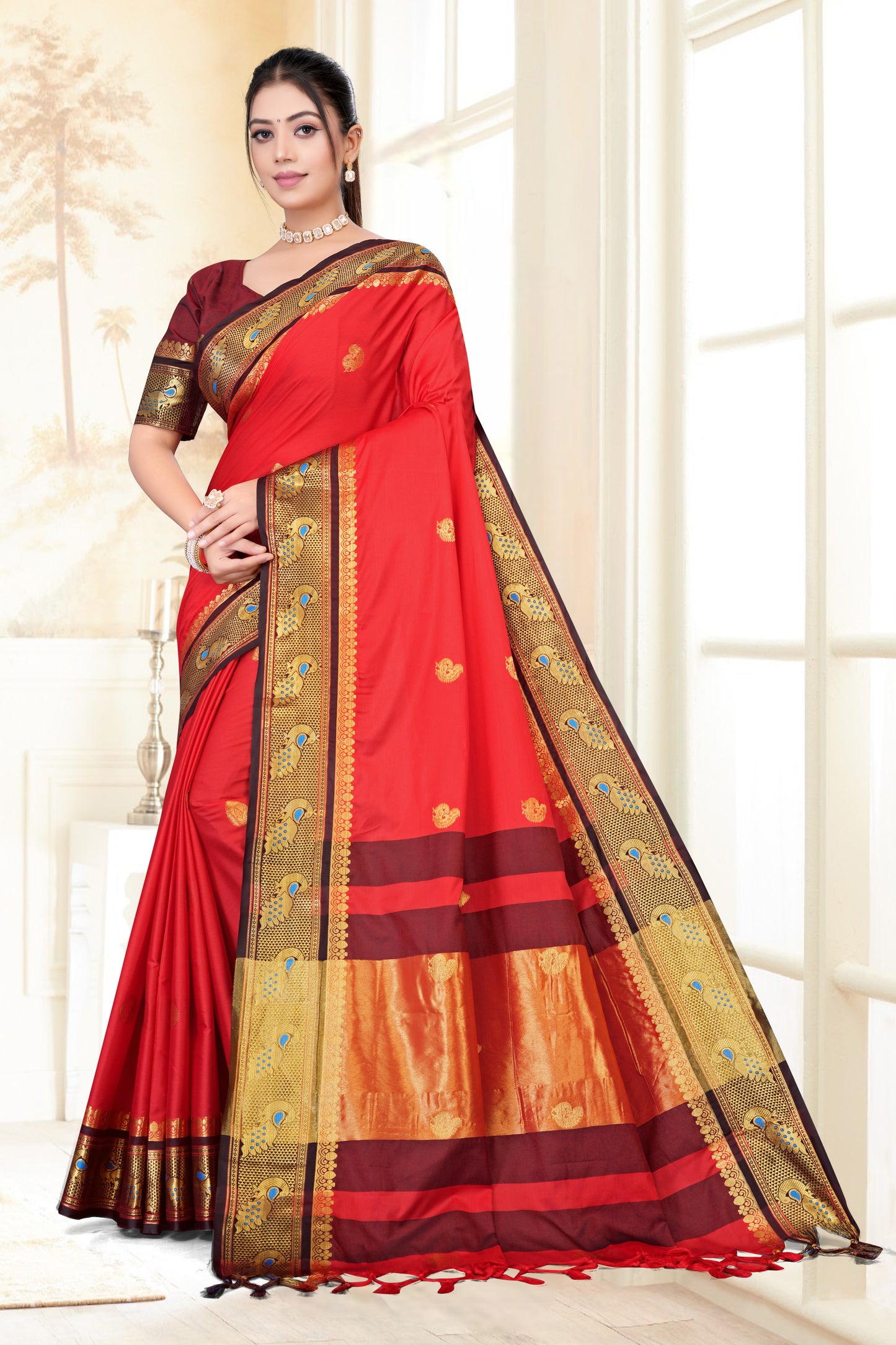 Red & Black Peacock Design Cotton Silk Saree with Running Blouse Piece – Premium Ethnic Wear | Moonixa
