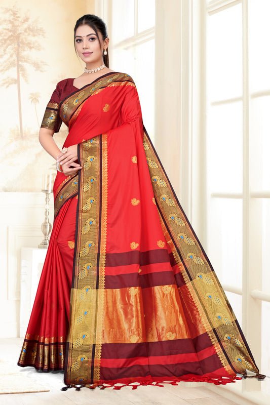 Red & Black Peacock Design Cotton Silk Saree with Running Blouse Piece – Premium Ethnic Wear | Moonixa