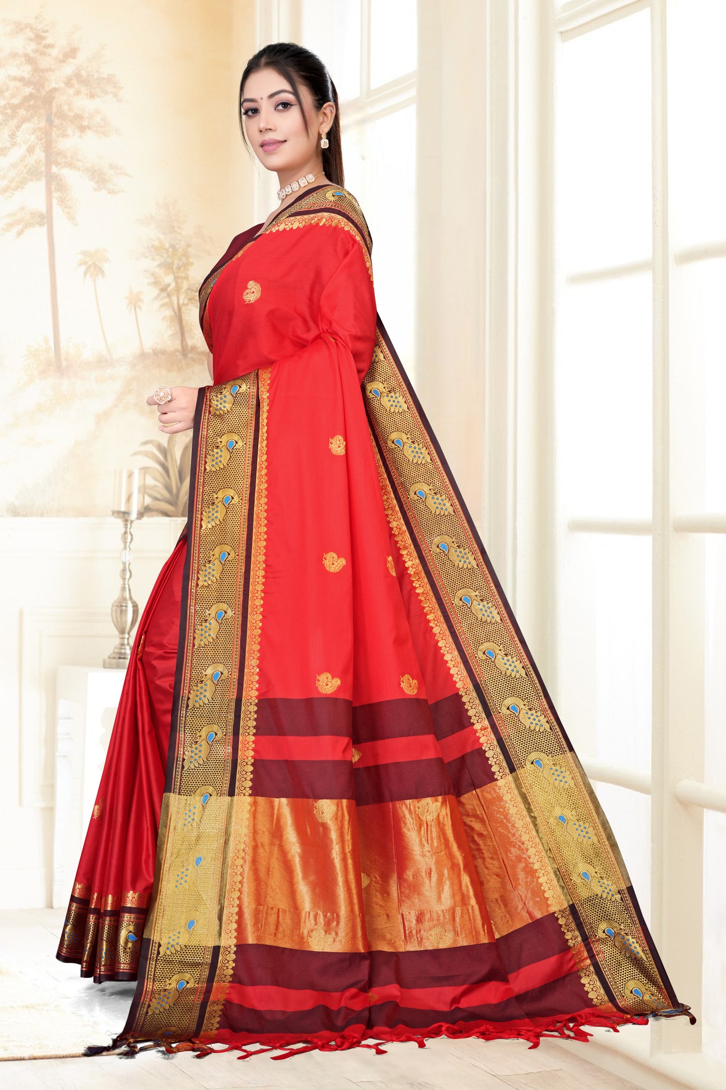 Red & Black Peacock Design Cotton Silk Saree with Running Blouse Piece – Premium Ethnic Wear | Moonixa