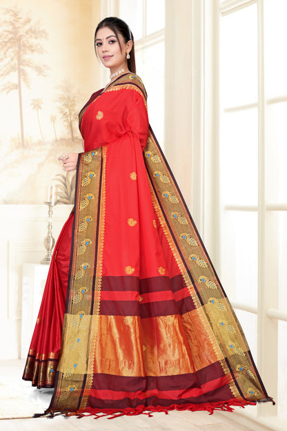 Red & Black Peacock Design Cotton Silk Saree with Running Blouse Piece – Premium Ethnic Wear | Moonixa