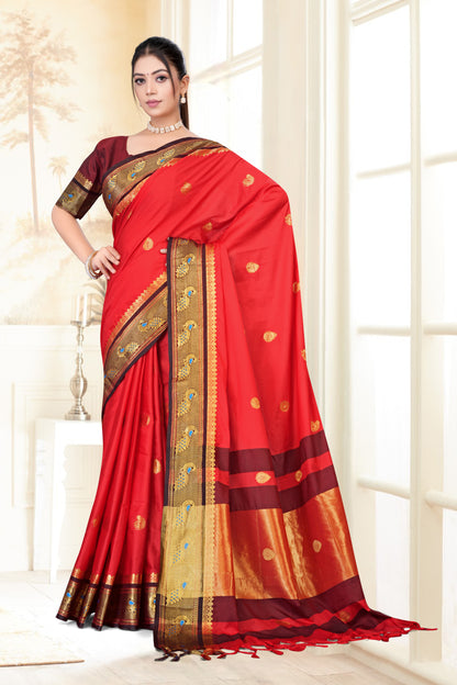 Red & Black Peacock Design Cotton Silk Saree with Running Blouse Piece – Premium Ethnic Wear | Moonixa