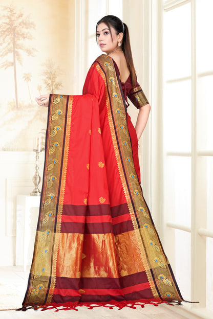 Red & Black Peacock Design Cotton Silk Saree with Running Blouse Piece – Premium Ethnic Wear | Moonixa