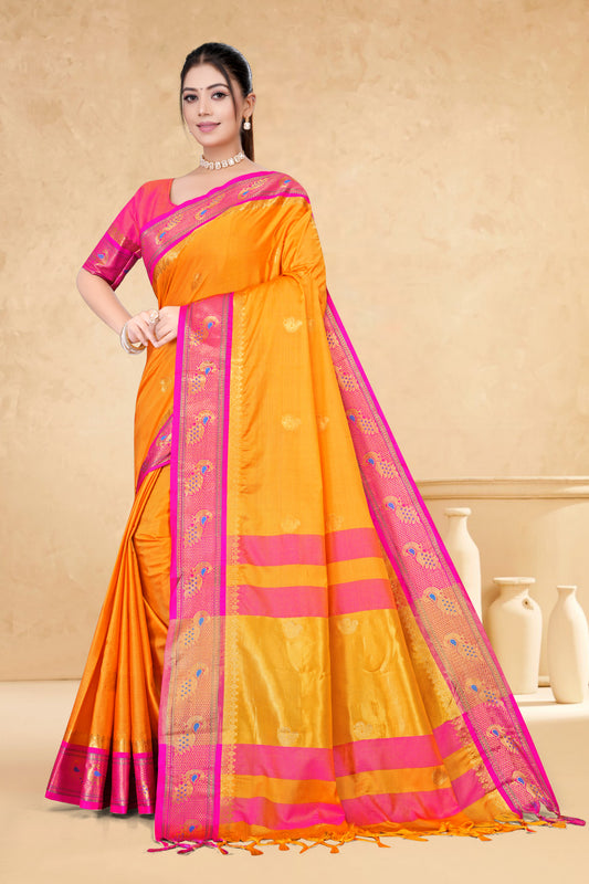 Gold & Rani Peacock Design Cotton Silk Saree with Running Blouse Piece – Premium Ethnic Wear | Moonixa