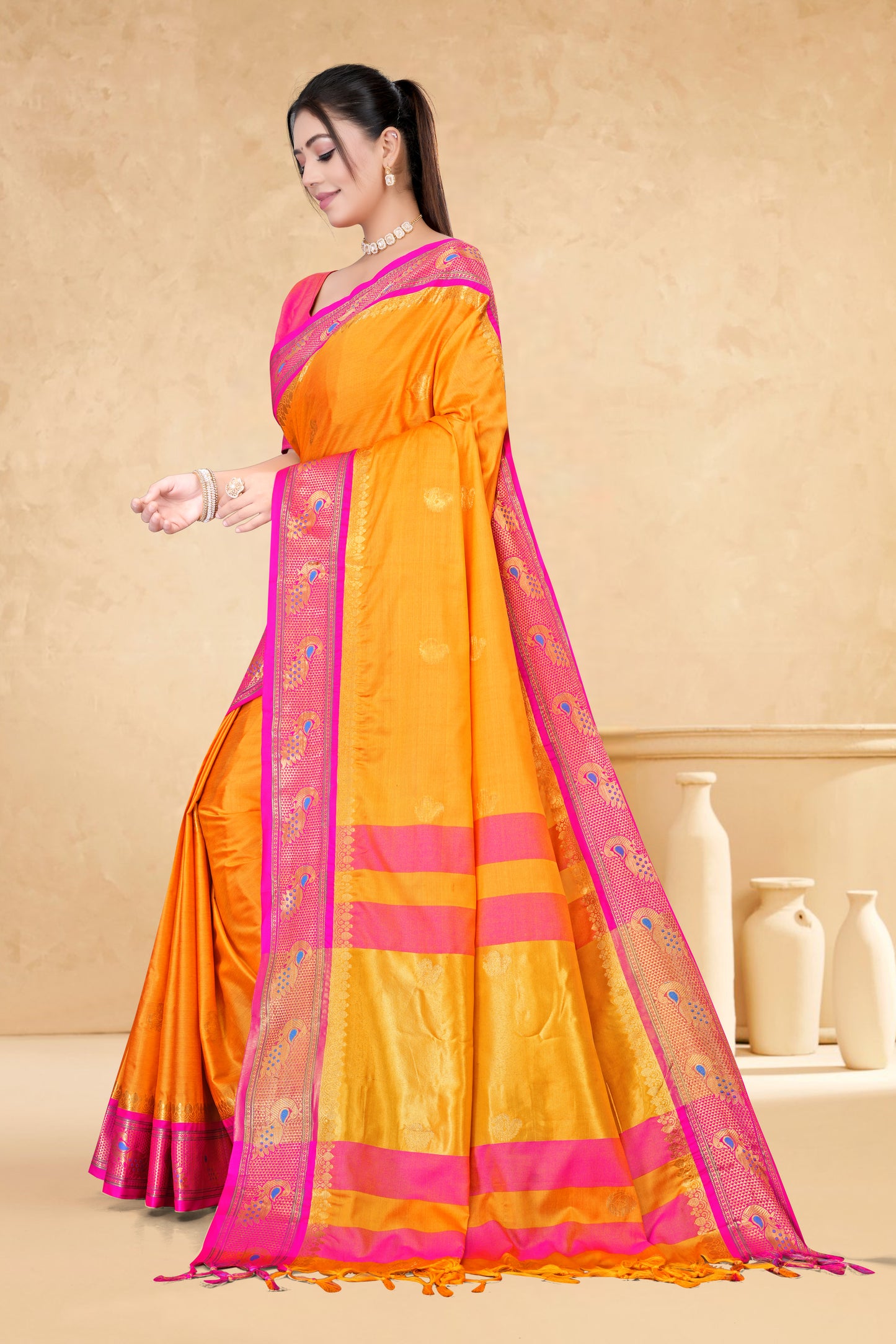 Gold & Rani Peacock Design Cotton Silk Saree with Running Blouse Piece – Premium Ethnic Wear | Moonixa