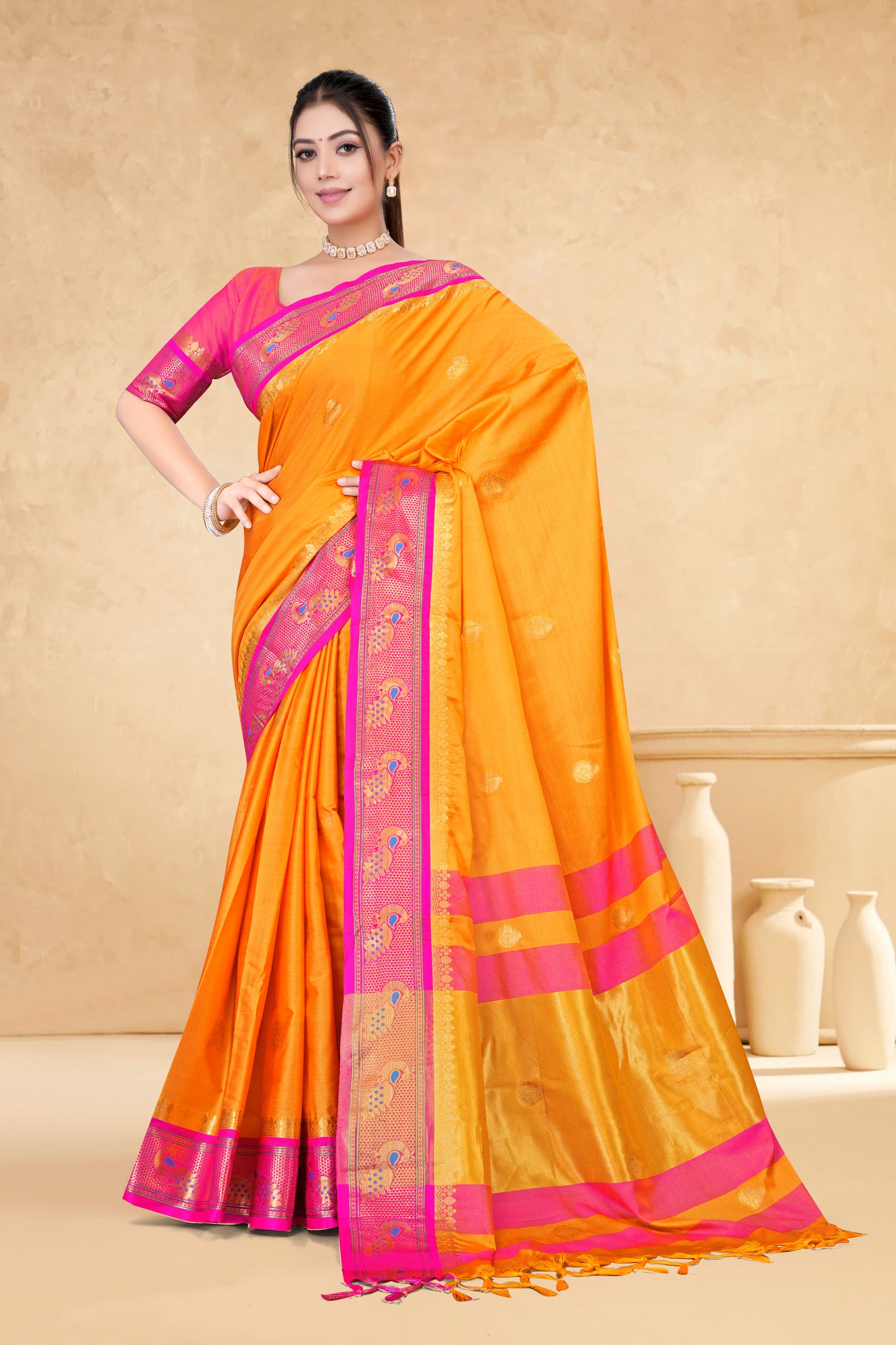 Gold & Rani Peacock Design Cotton Silk Saree with Running Blouse Piece – Premium Ethnic Wear | Moonixa
