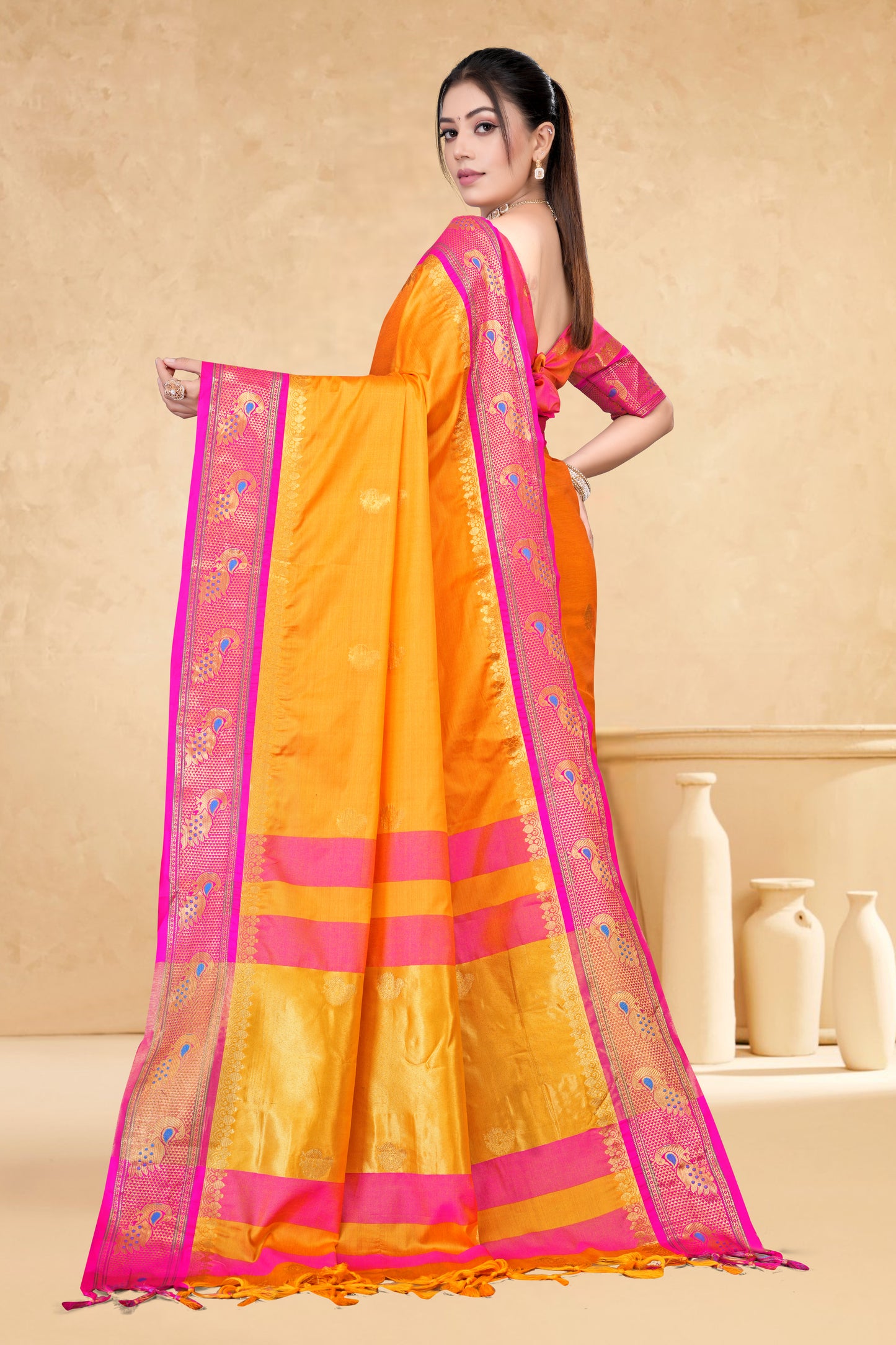 Gold & Rani Peacock Design Cotton Silk Saree with Running Blouse Piece – Premium Ethnic Wear | Moonixa