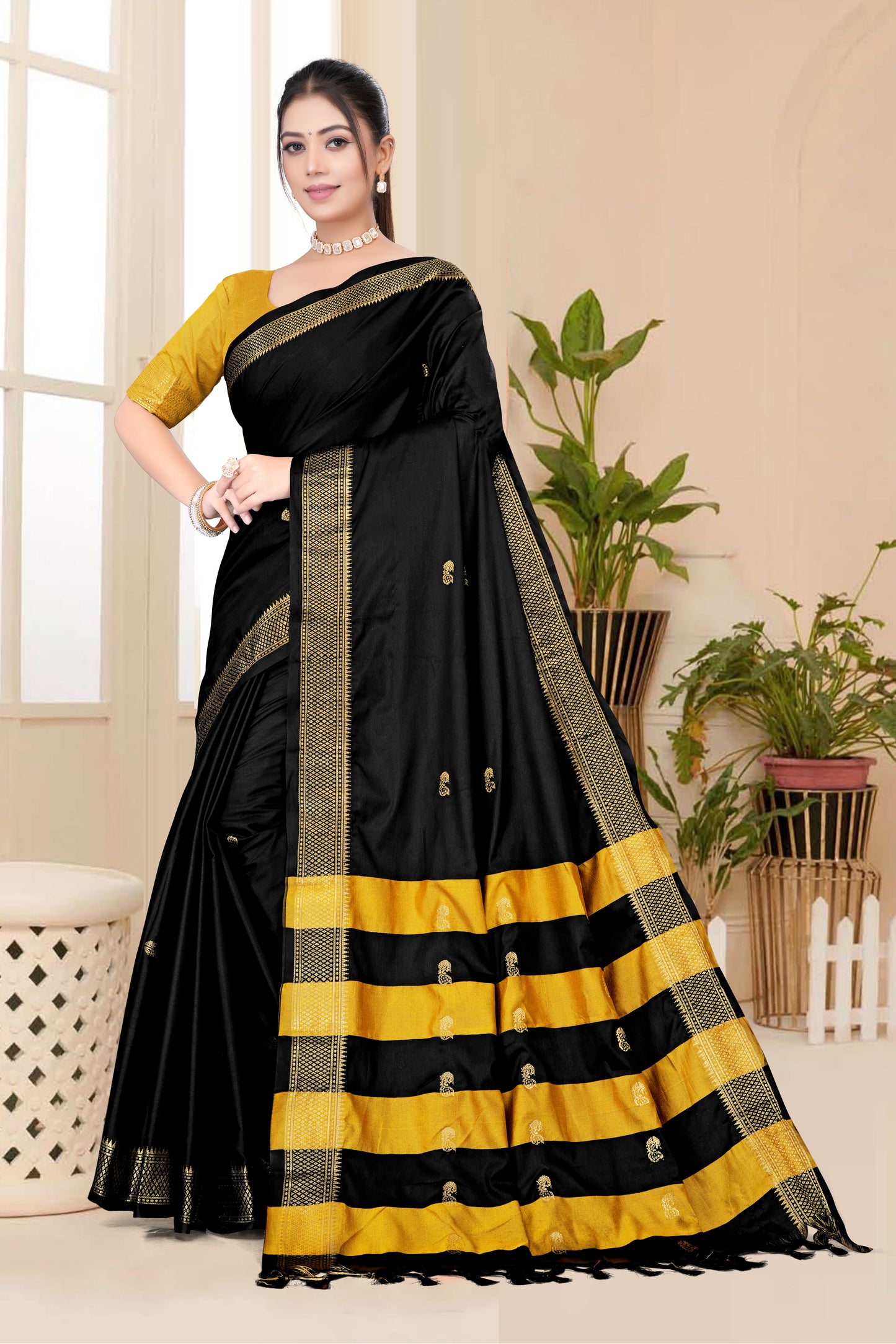 Black Self Golden Zari Pink Paithani Cotton Silk Saree