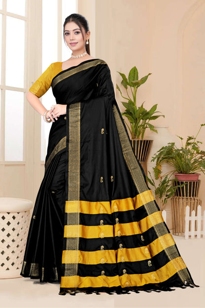 Black Self Golden Zari Pink Paithani Cotton Silk Saree