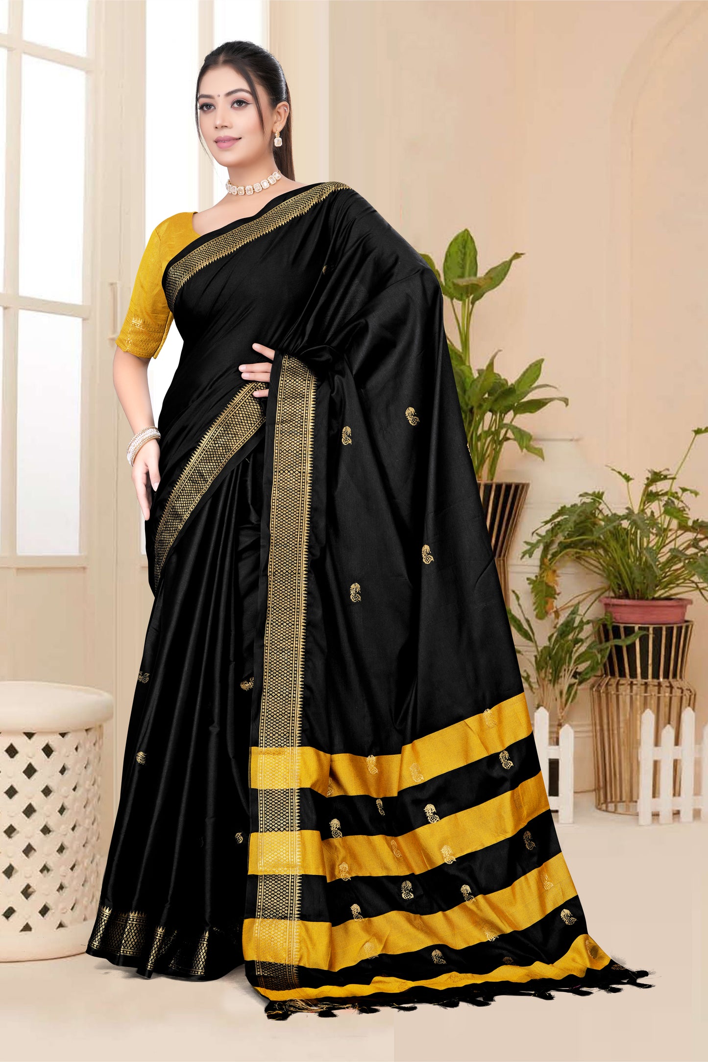 Black Self Golden Zari Pink Paithani Cotton Silk Saree