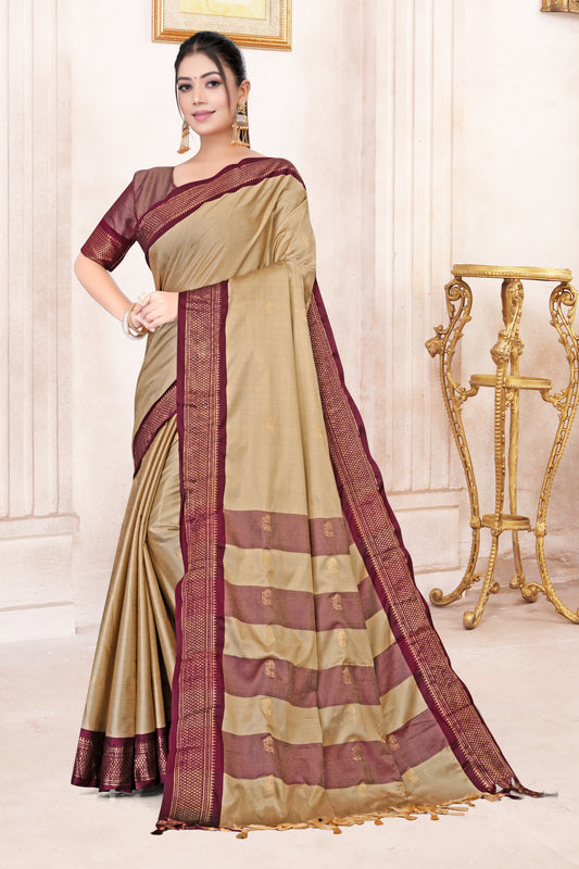 Beige & Brown Paithani Cotton Silk Saree