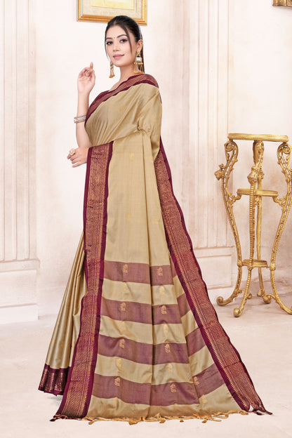 Beige & Brown Paithani Cotton Silk Saree