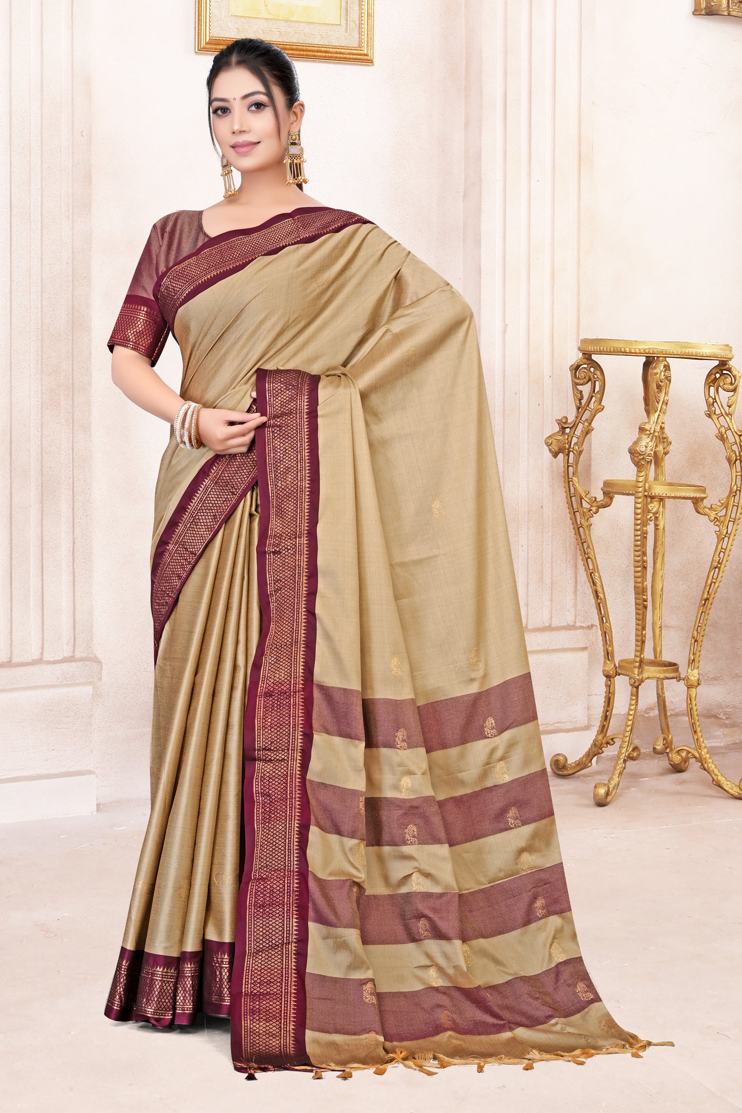 Beige & Brown Paithani Cotton Silk Saree