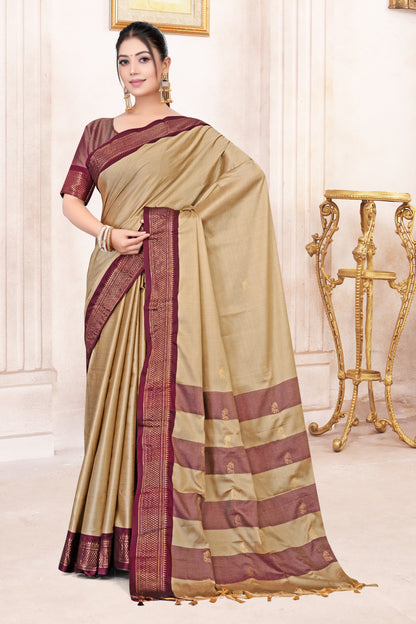 Beige & Brown Paithani Cotton Silk Saree