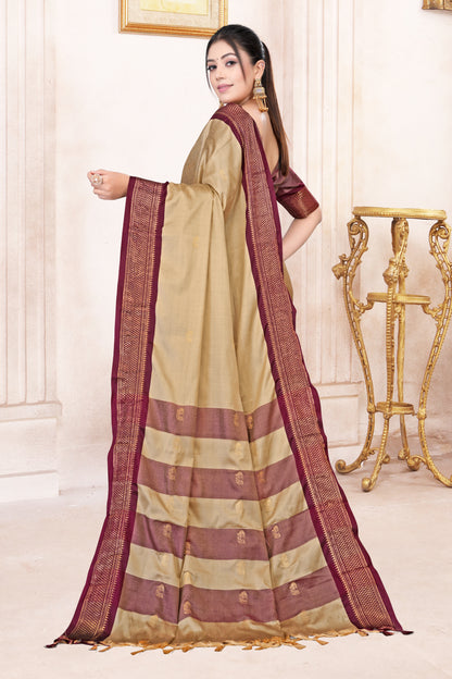 Beige & Brown Paithani Cotton Silk Saree