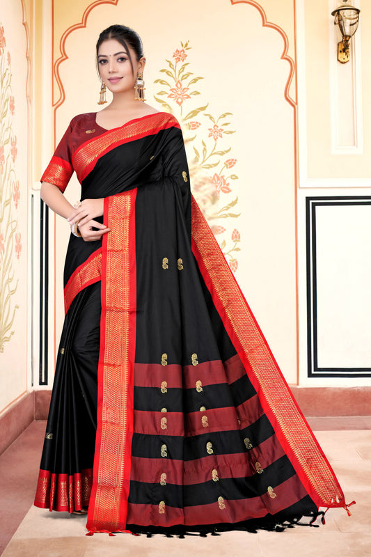Black & Red Paithani Cotton Silk Saree