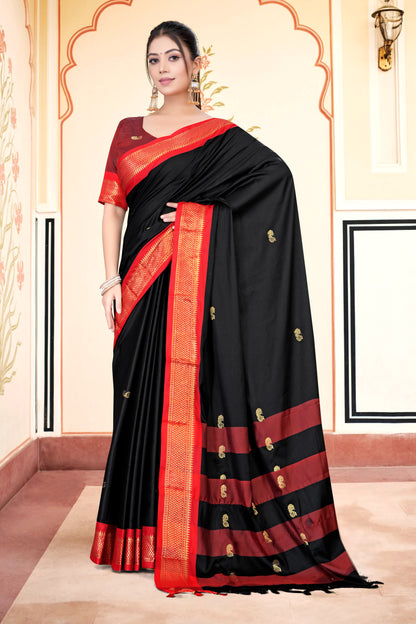 Black & Red Paithani Cotton Silk Saree