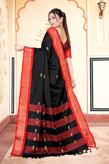 Black & Red Paithani Cotton Silk Saree
