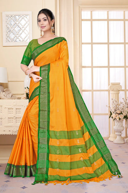 Gold & Green Pink Paithani Cotton Silk Saree