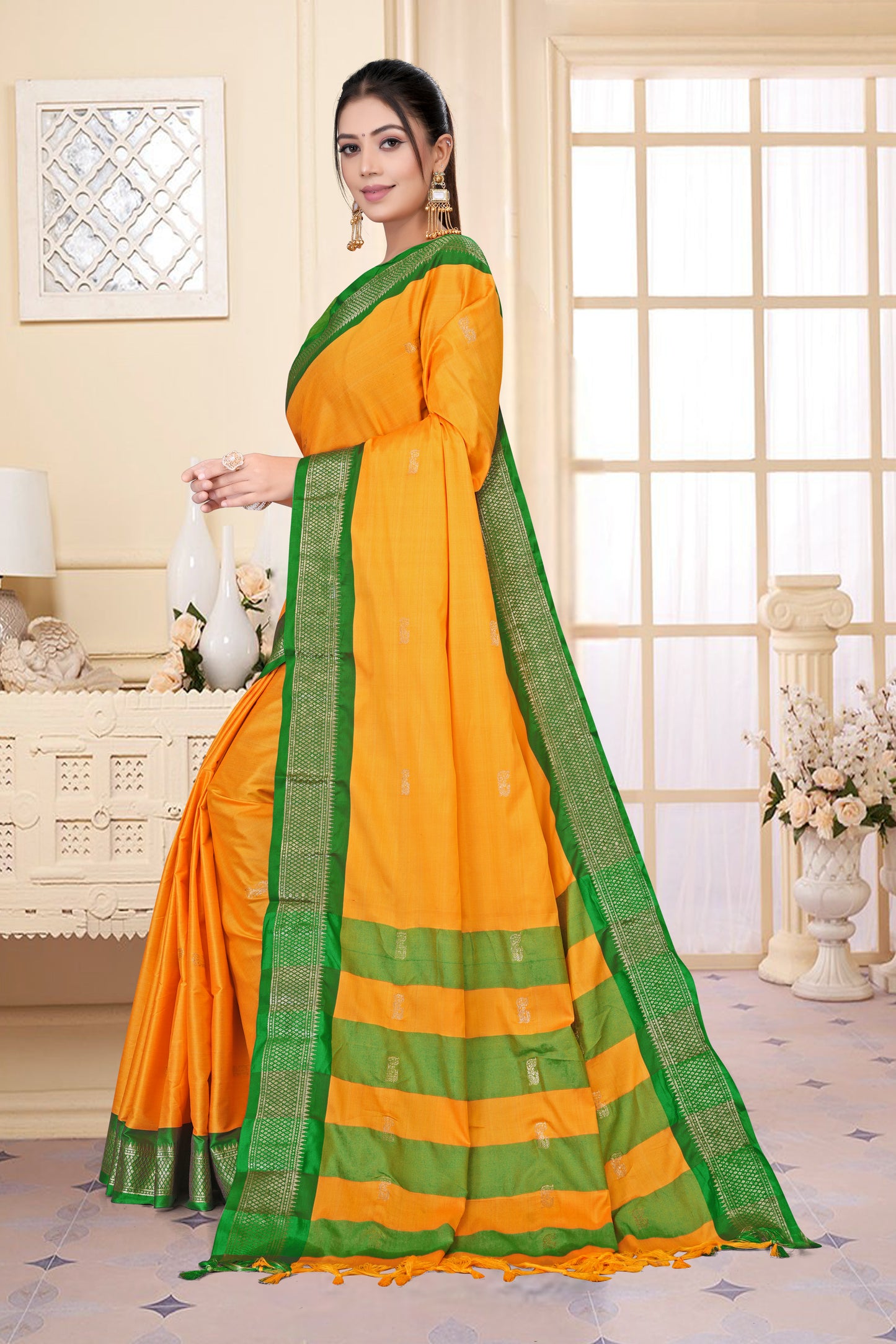 Gold & Green Pink Paithani Cotton Silk Saree