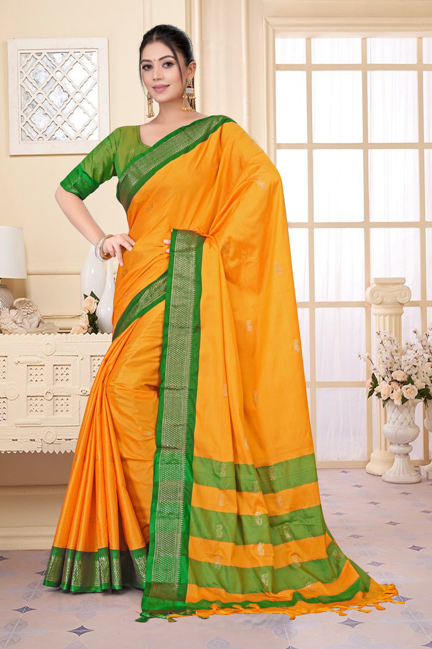 Gold & Green Pink Paithani Cotton Silk Saree